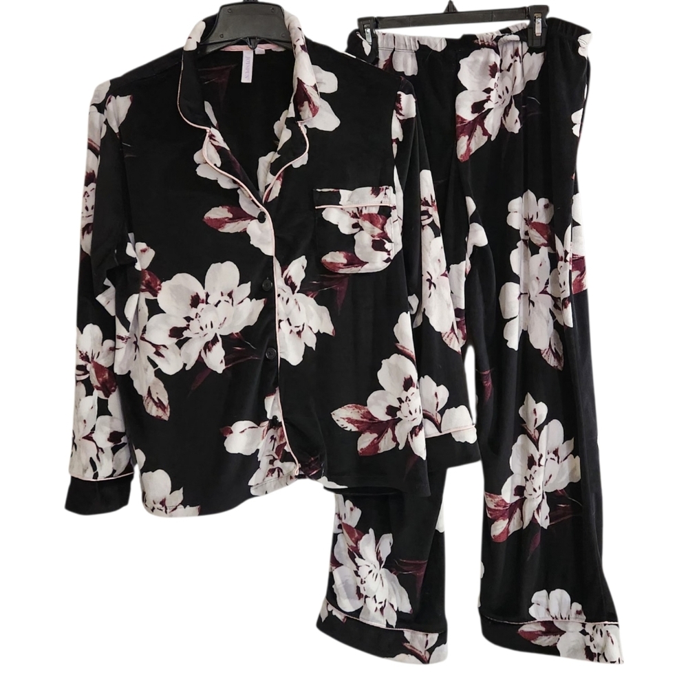 Joyspun Pajama Set Womens Sz XL Velvet Black Floral Soft Long Sleeve Pockets